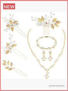 8 Piece Crystal Wedding Jewelry Set Gold Leaf Pearl Necklace Earrings Bracelet